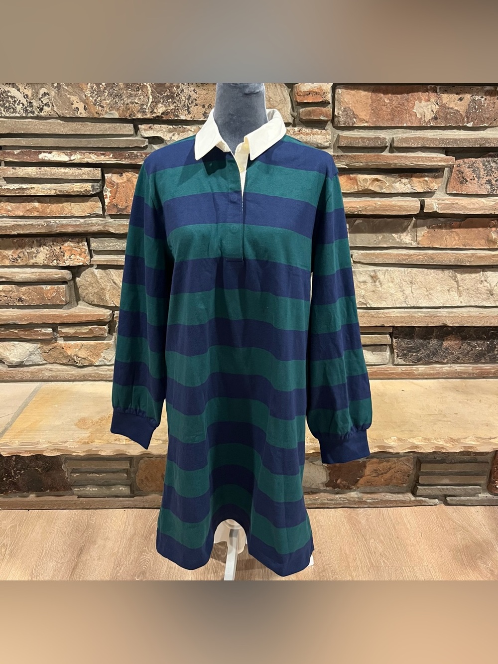 J. Crew Classic Green & Navy Striped Rugby Polo Dress with White Collar